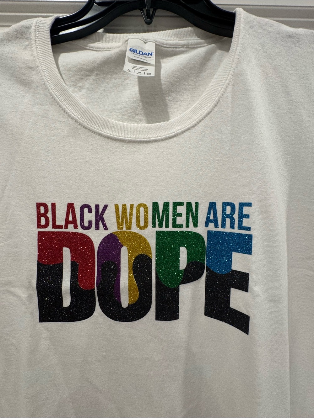 Gildan White Tee with Multicolor Glitter "Black Women Are Dope" Graphic